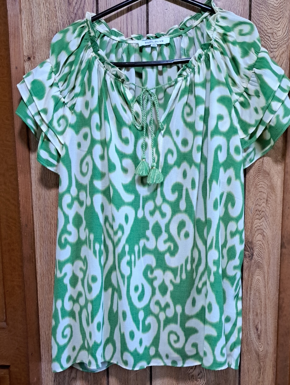 ROSE +OLIVE Green with Yellow and Beige Blouse, Size 1X